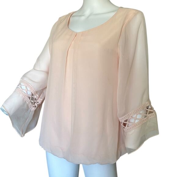 AB Studio Womens medium top sheer pale pink 3/4th bell sleeve chiffon blouse - Picture 7 of 10